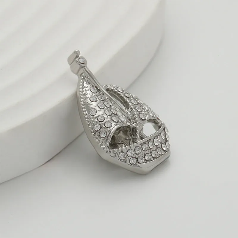 Silver Sailboat Full Diamond Design Fashion Metal Brooch Pin 2pcs