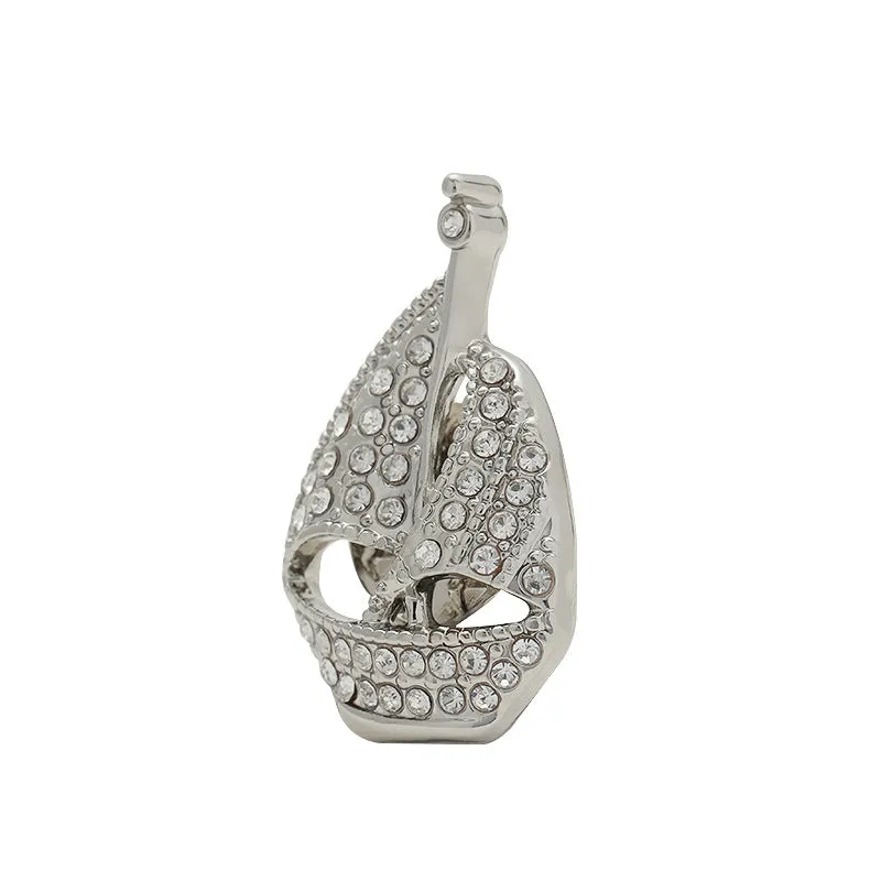 Silver Sailboat Full Diamond Design Fashion Metal Brooch Pin 2pcs