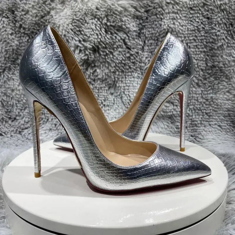 Silver serpentine Pumps Pointed Toe high heels 12 cm Women Shoes