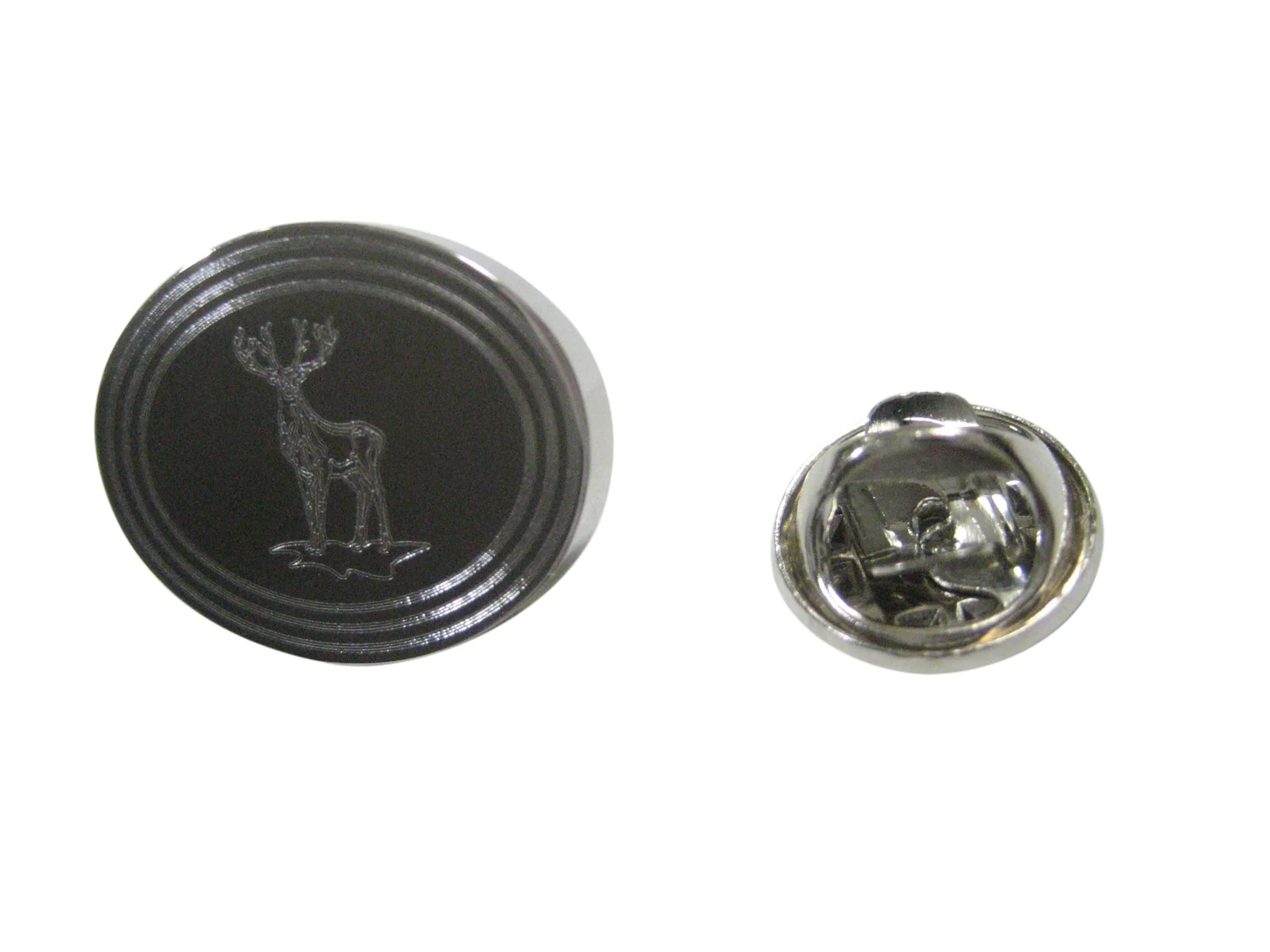 Silver Toned Etched Oval Full Stag Deer Lapel Pin