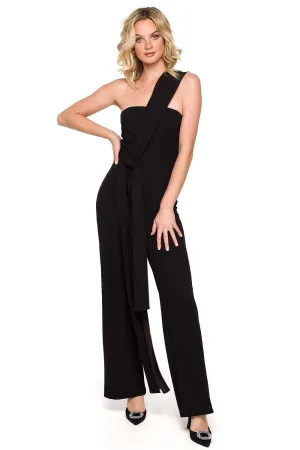 Sleeveless sash draped over shoulder jumpsuit