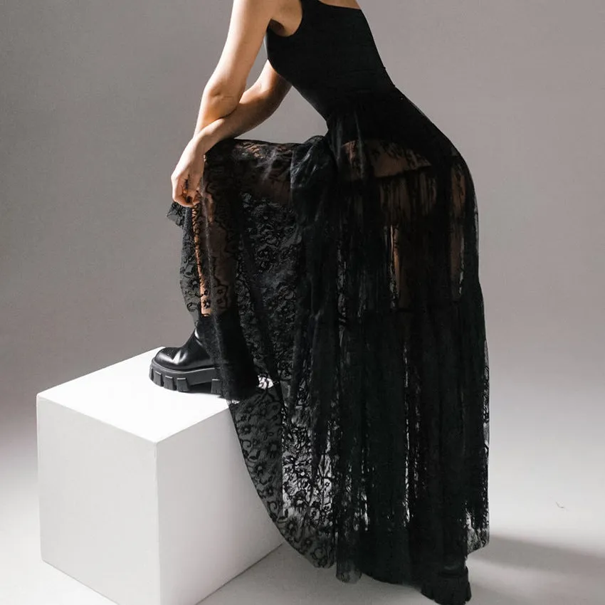 Solid High Waist Flare Long Skirt