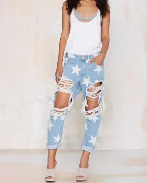 Star Print Ripped Straight-Leg Trousers