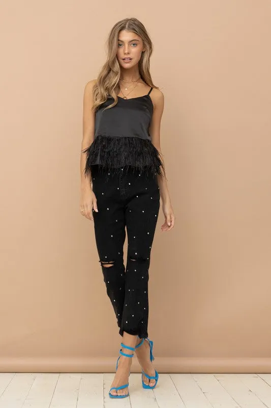 STUDDED RHINESTONE DISTRESSED JEANS