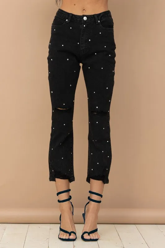 STUDDED RHINESTONE DISTRESSED JEANS