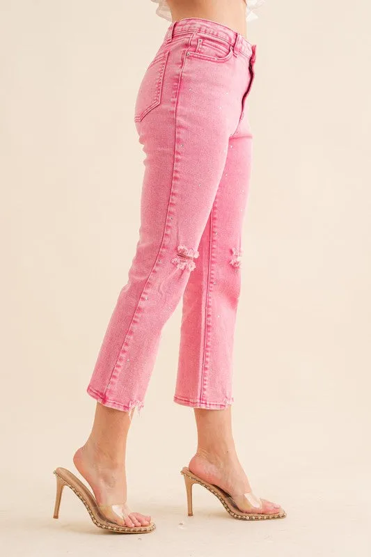 STUDDED RHINESTONE DISTRESSED JEANS