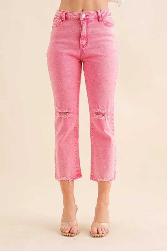 STUDDED RHINESTONE DISTRESSED JEANS