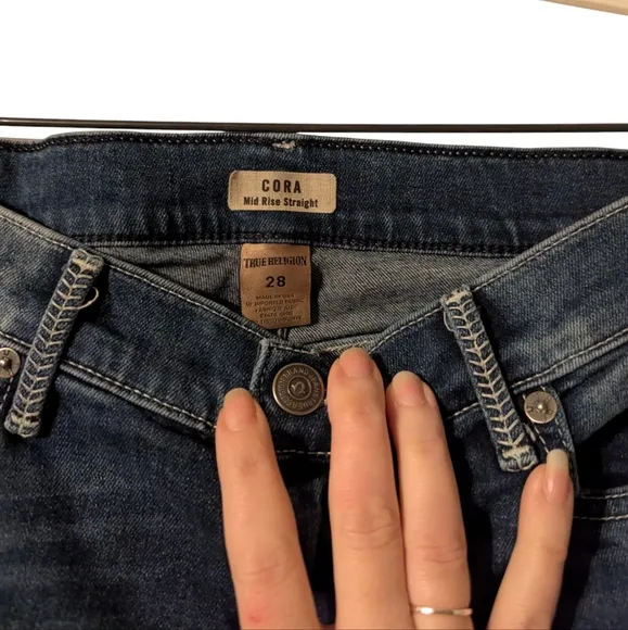 True Religion Cora Straight Baseball Low Rise Stretch Whipstitch Denim Jeans 28
