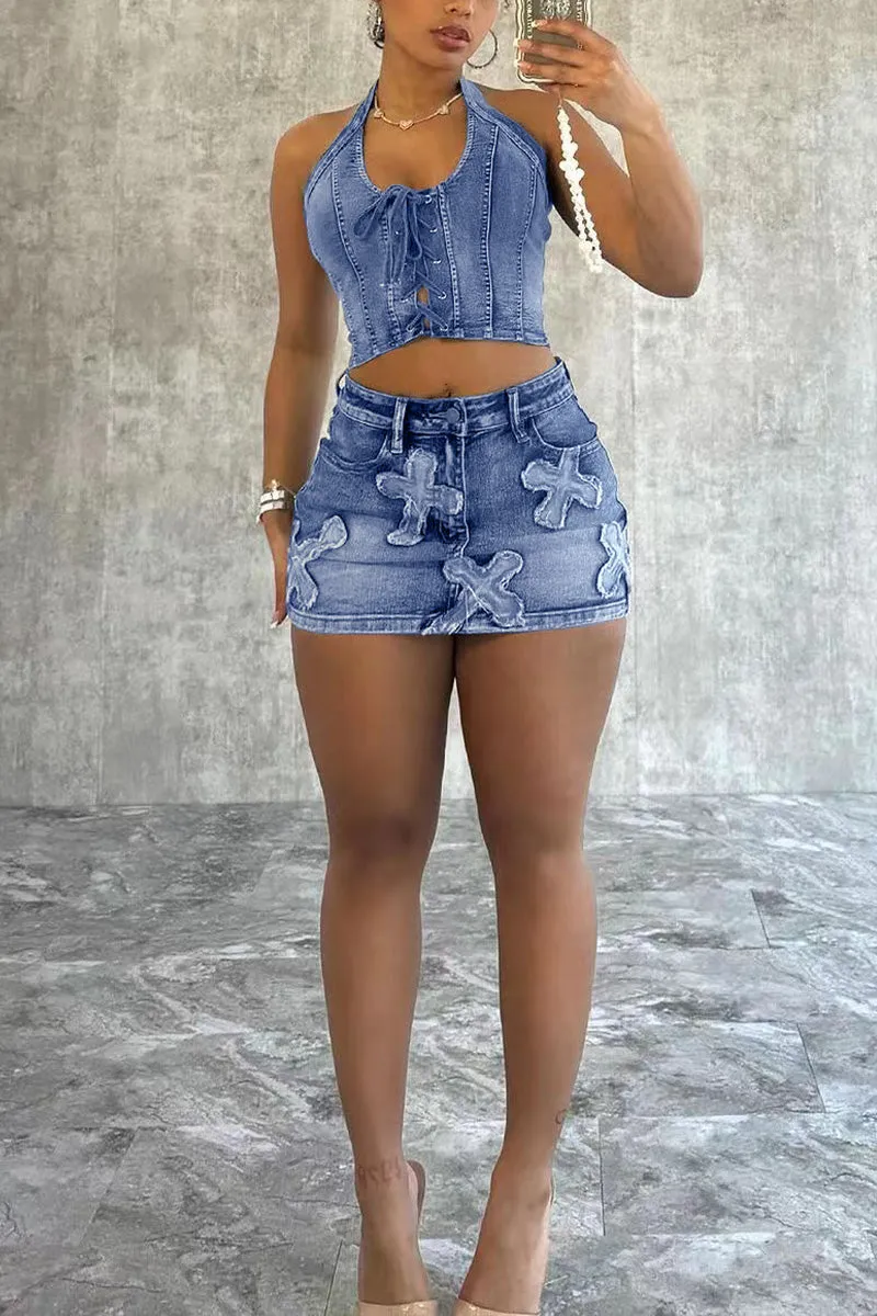 UN0232 Retro Denim Mini Skirt Set