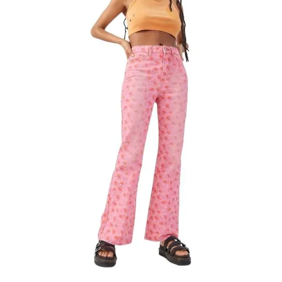 Urban Outfitters BDG Pink Floral Printed High Rise Flare Jeans 30 New Cottage