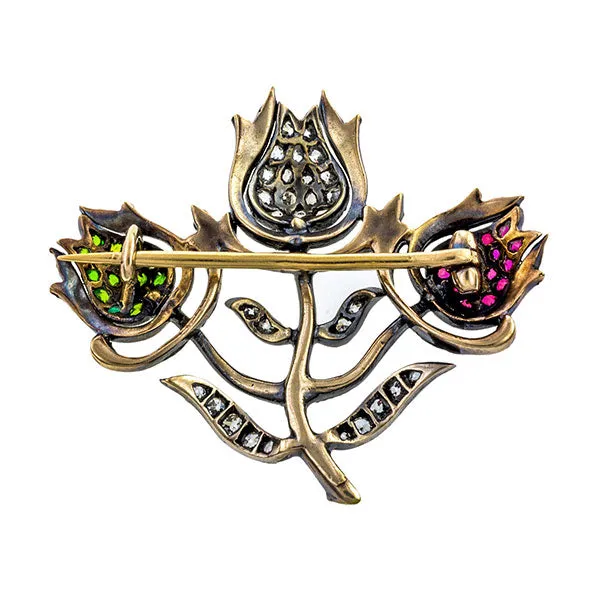 Vintage Ruby, Diamond & Demantoid Tulip Pin