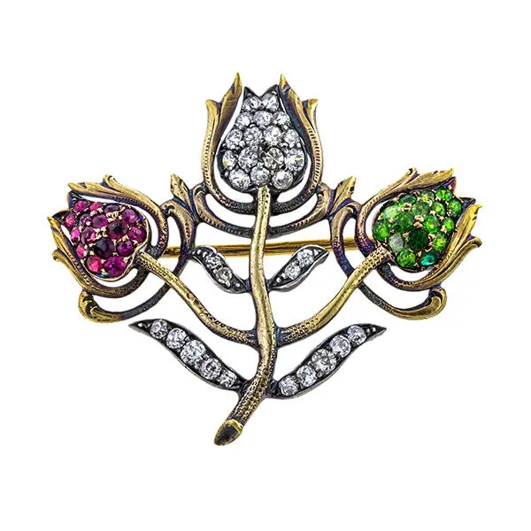 Vintage Ruby, Diamond & Demantoid Tulip Pin