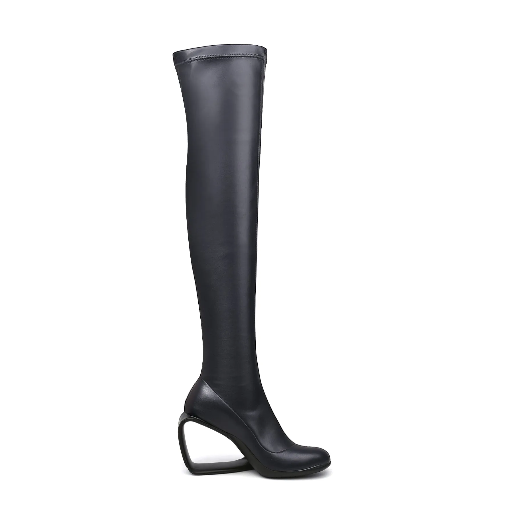 Wedge Heel Black Leather Over Knee Night Boot