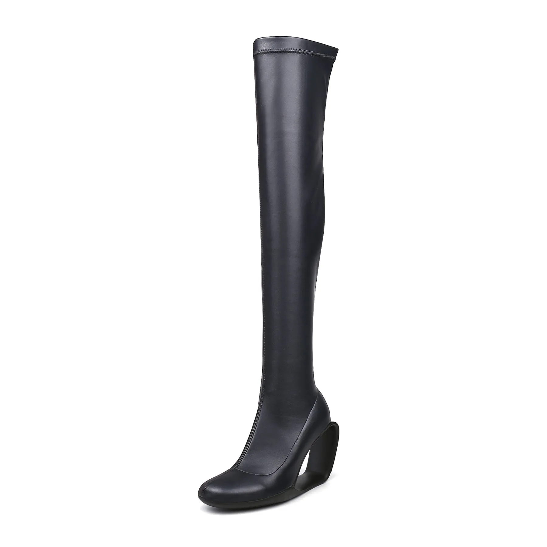Wedge Heel Black Leather Over Knee Night Boot
