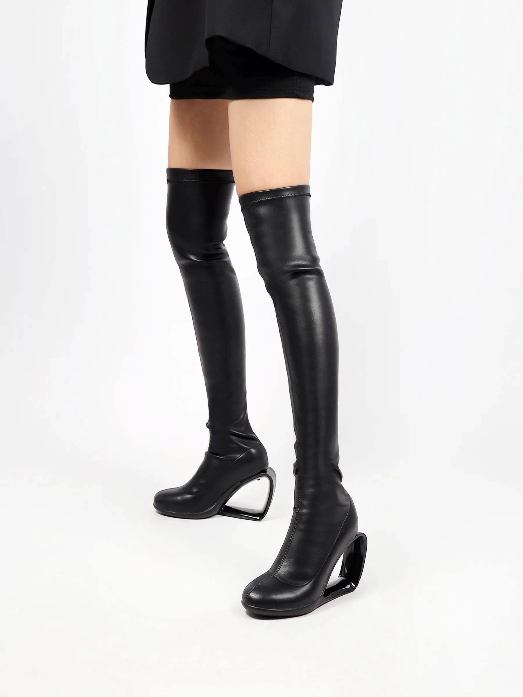 Wedge Heel Black Leather Over Knee Night Boot
