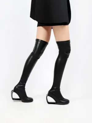 Wedge Heel Black Leather Over Knee Night Boot