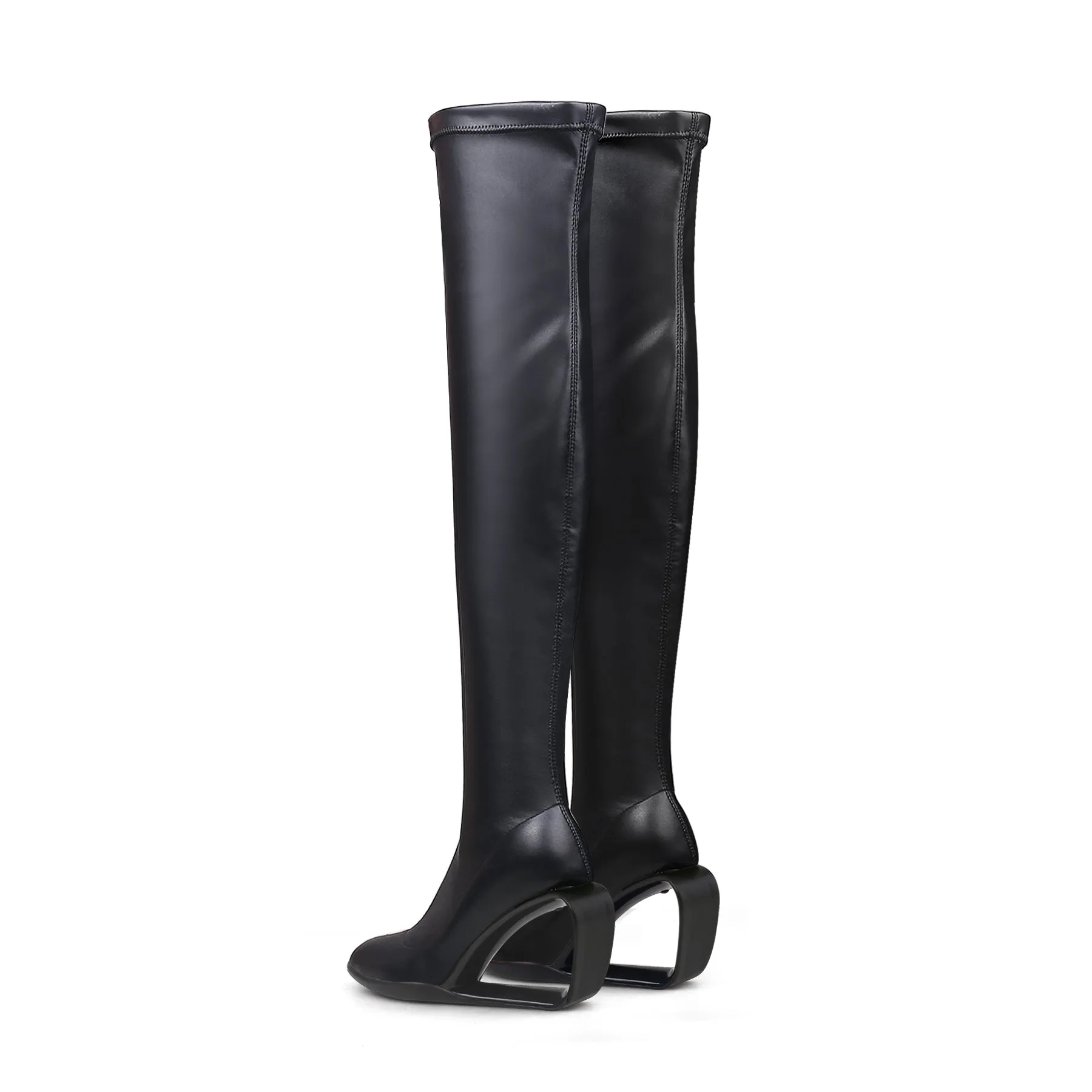 Wedge Heel Black Leather Over Knee Night Boot
