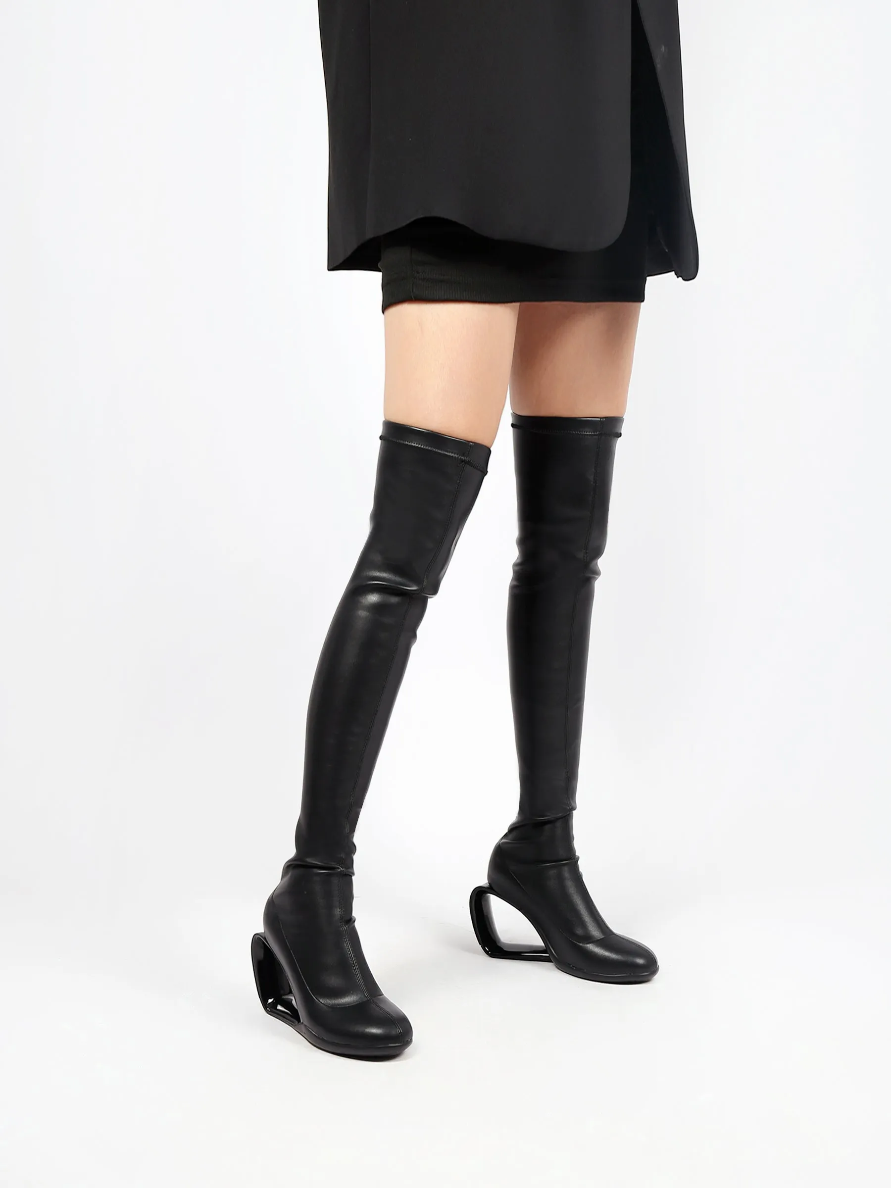 Wedge Heel Black Leather Over Knee Night Boot