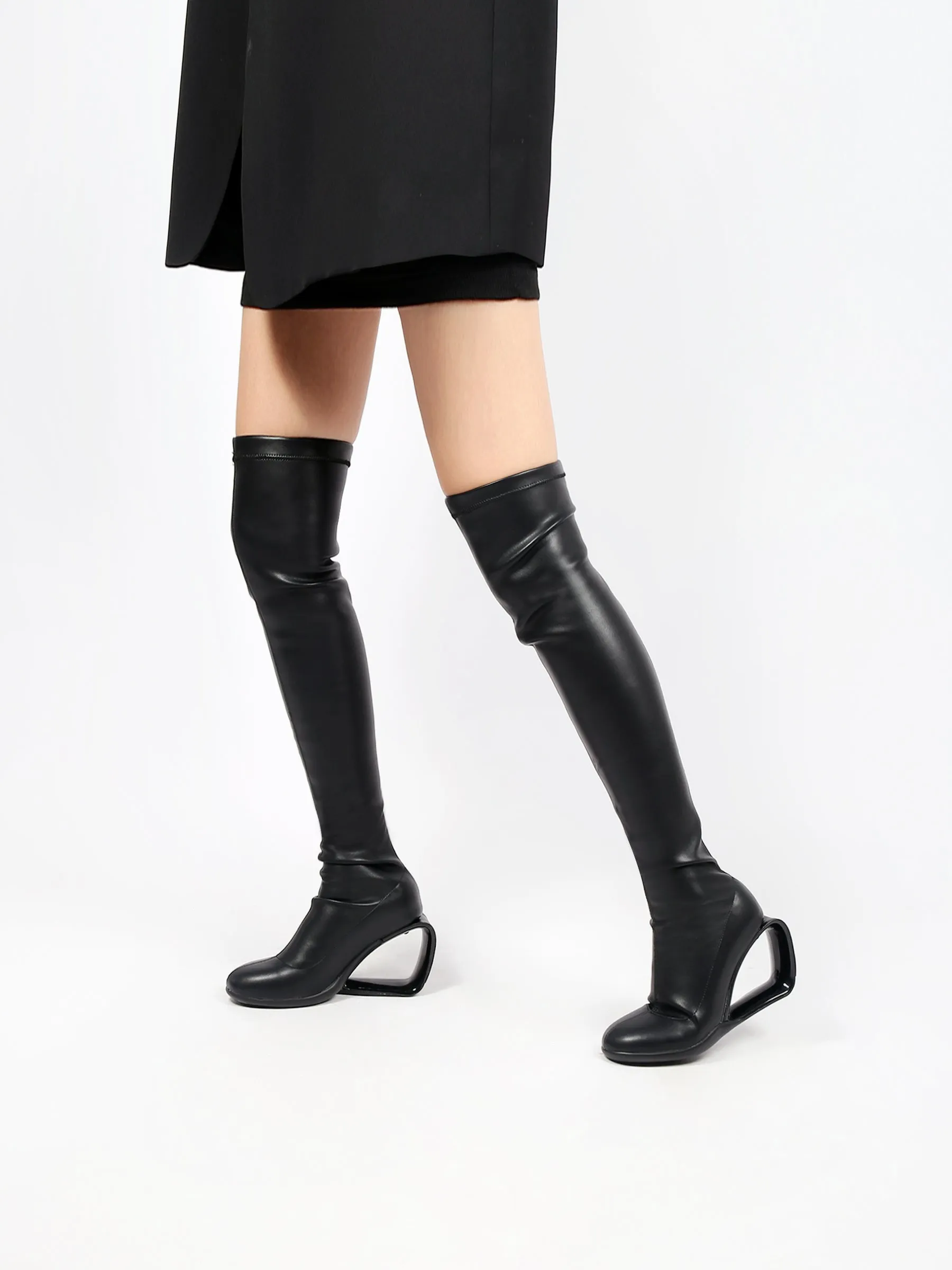 Wedge Heel Black Leather Over Knee Night Boot
