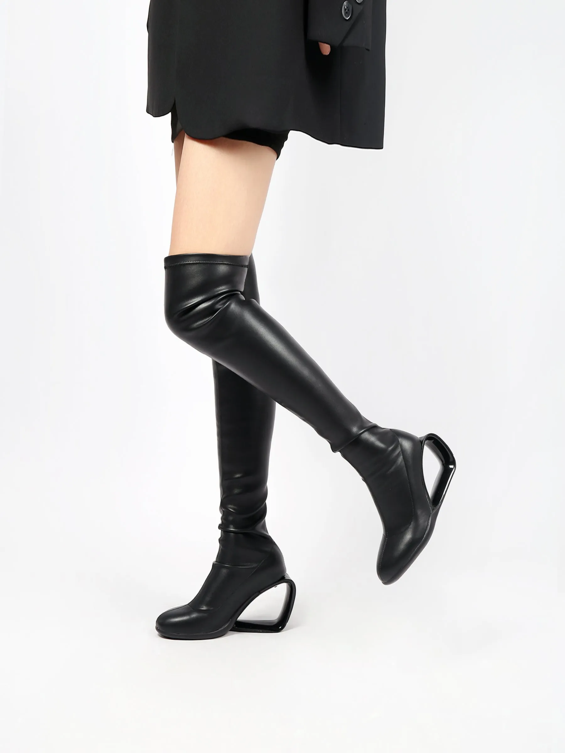 Wedge Heel Black Leather Over Knee Night Boot