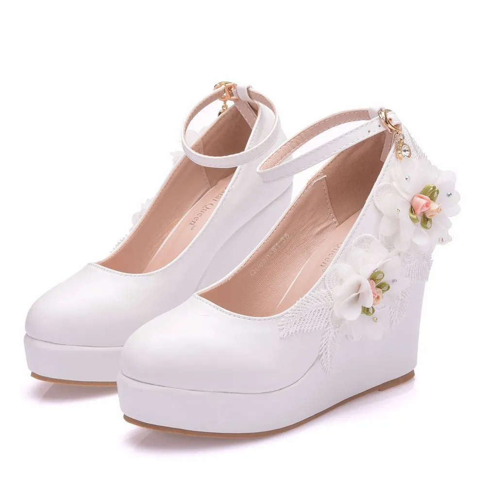 Wedge Heel Lace Flower Wedding Shoes