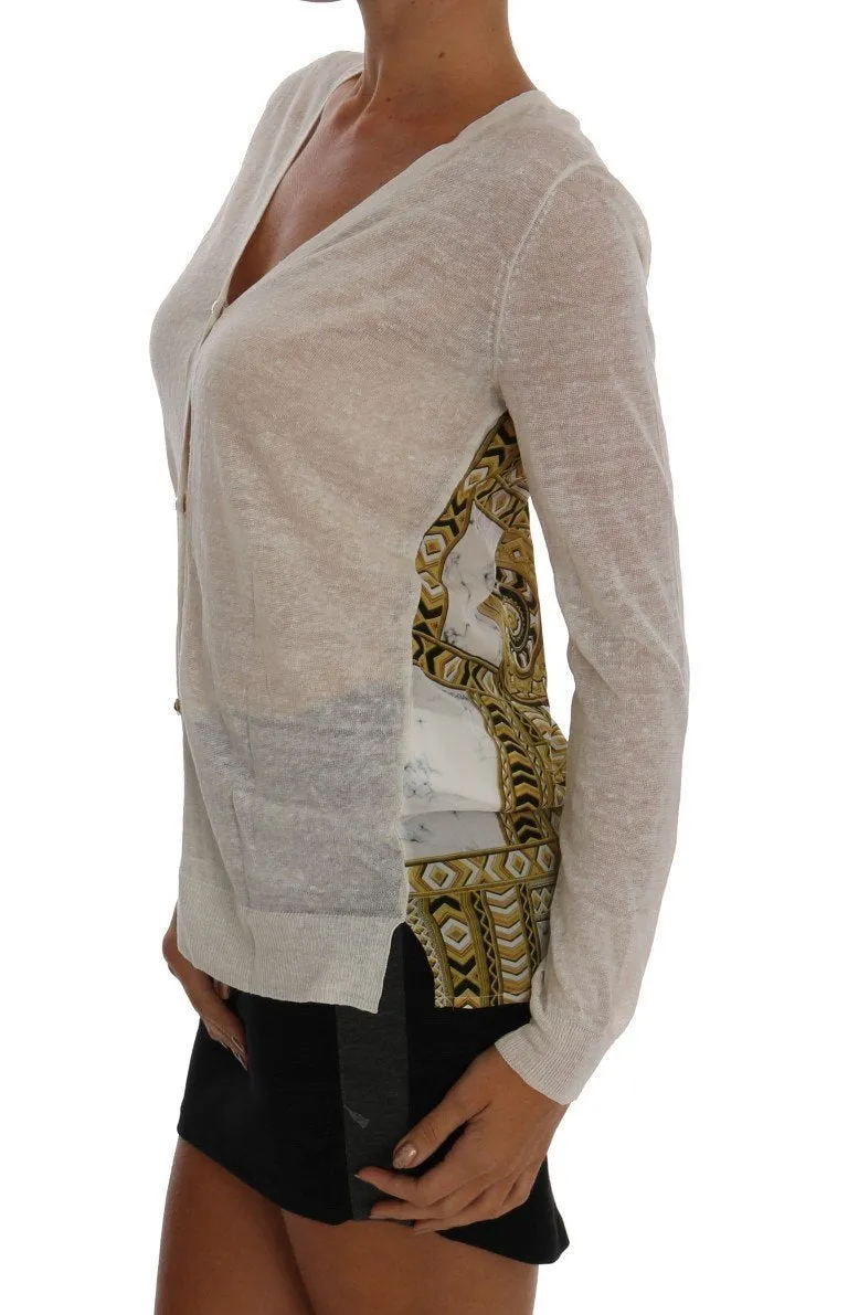 White Linen Silk Baroque Print Cardigan Sweater