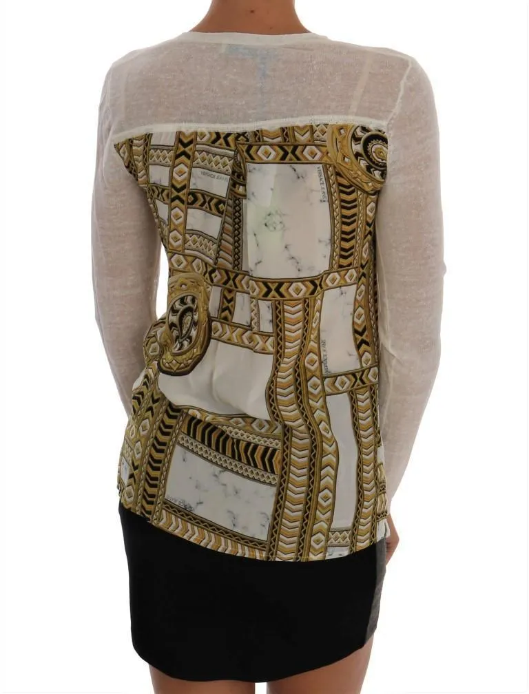 White Linen Silk Baroque Print Cardigan Sweater