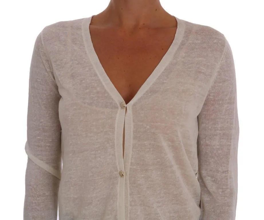 White Linen Silk Baroque Print Cardigan Sweater