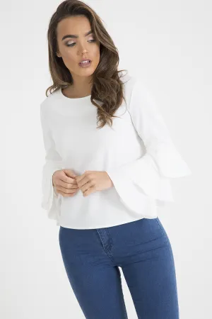 White Triple Frill Sleeve Top - Clara