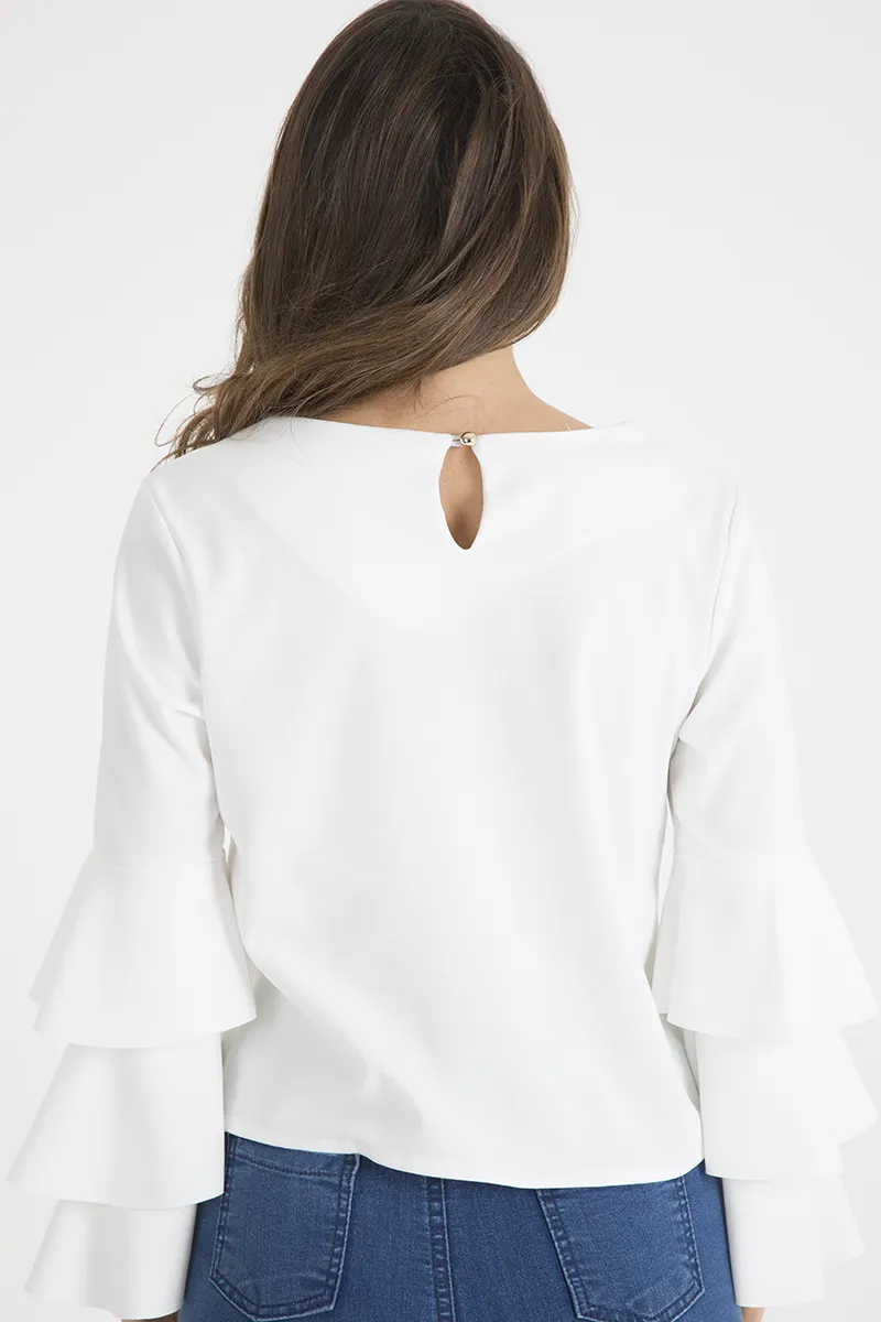 White Triple Frill Sleeve Top - Clara