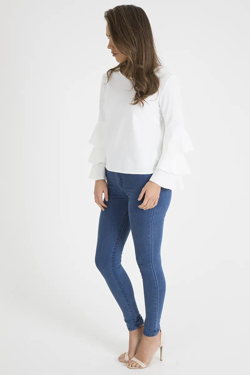 White Triple Frill Sleeve Top - Clara
