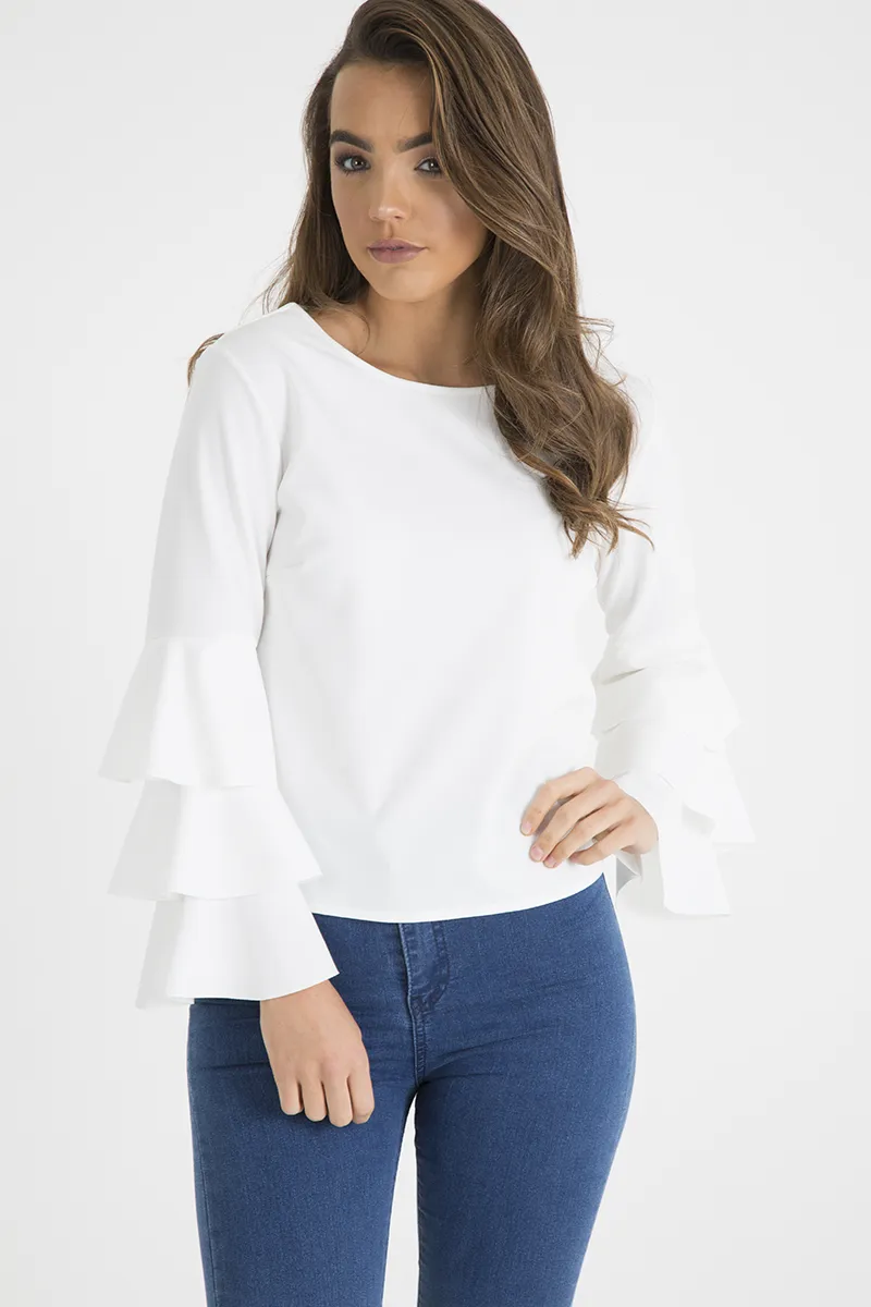 White Triple Frill Sleeve Top - Clara