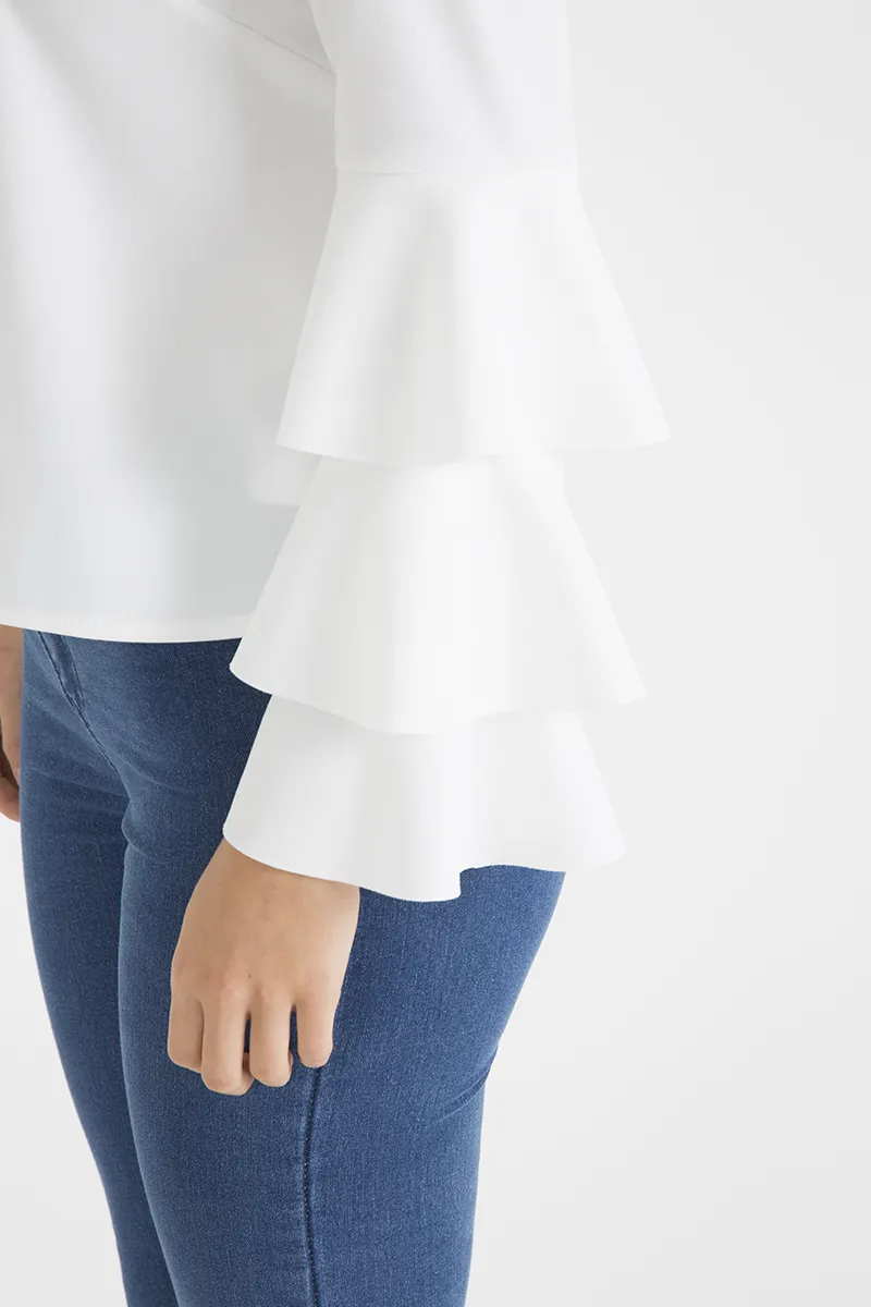 White Triple Frill Sleeve Top - Clara