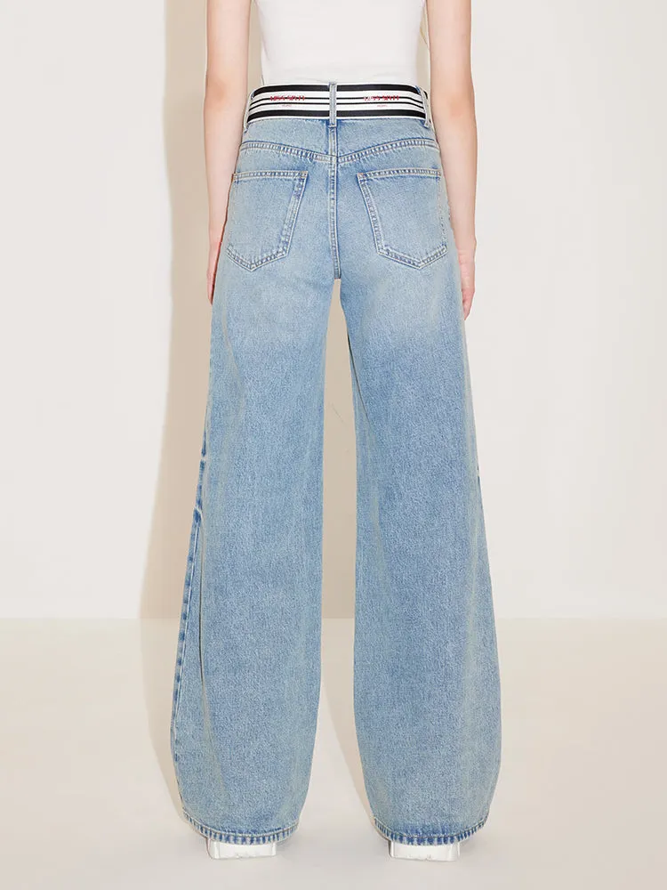 Wide-Leg Flared Jeans With Striped Waistband