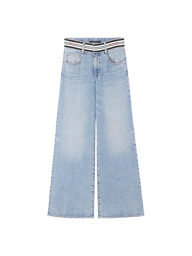 Wide-Leg Flared Jeans With Striped Waistband