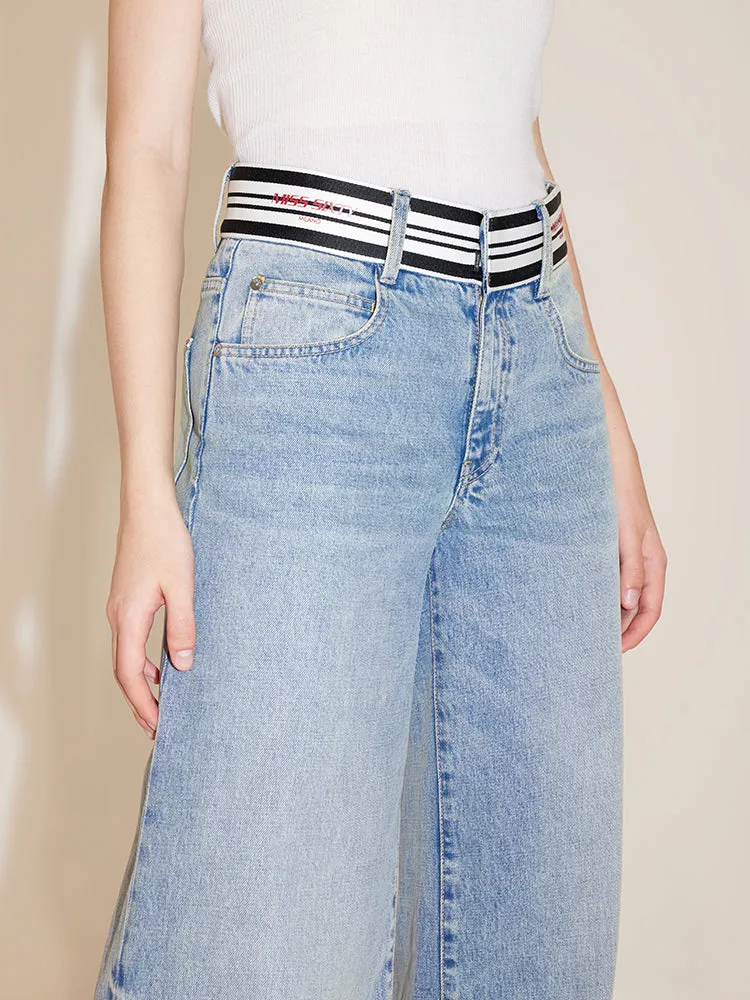 Wide-Leg Flared Jeans With Striped Waistband