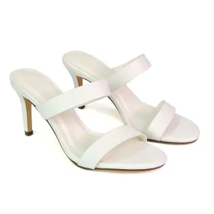 Wolf Round Toe Double Strap Stiletto High Heel Mule Sandals in White
