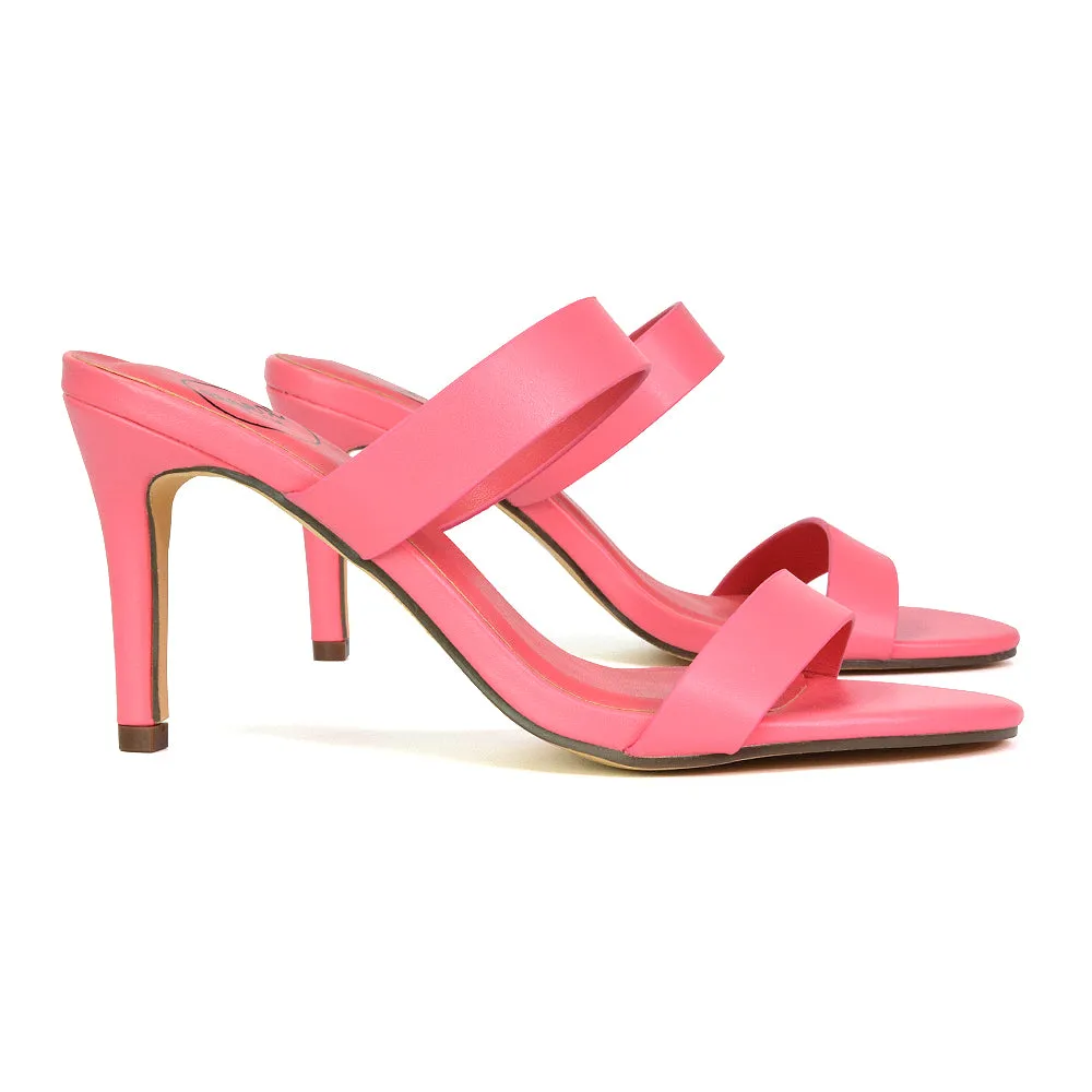 Wolf Round Toe Double Strap Stiletto High Heel Mule Sandals in White