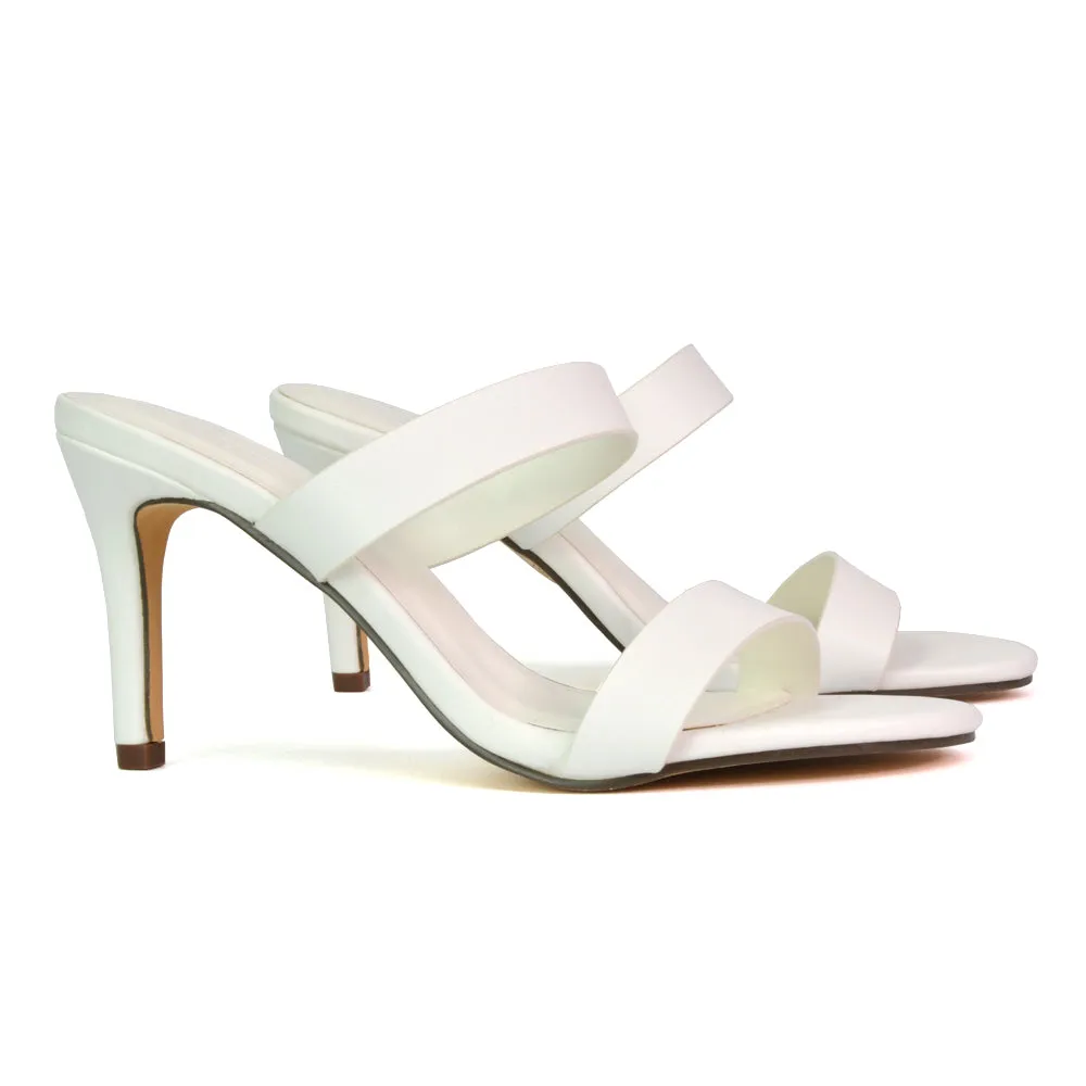 Wolf Round Toe Double Strap Stiletto High Heel Mule Sandals in White
