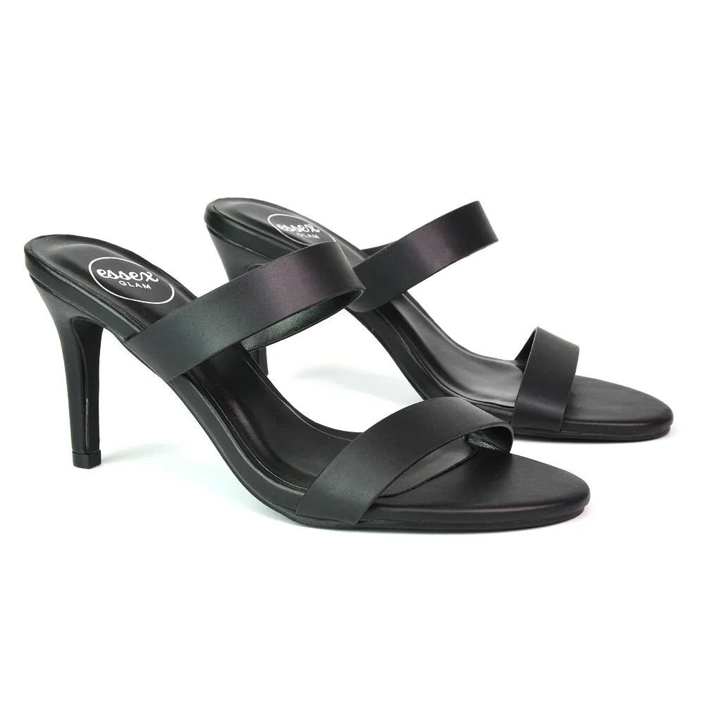Wolf Round Toe Double Strap Stiletto High Heel Mule Sandals in White