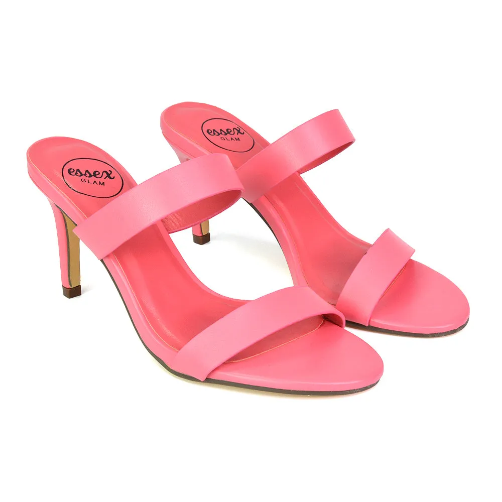Wolf Round Toe Double Strap Stiletto High Heel Mule Sandals in White