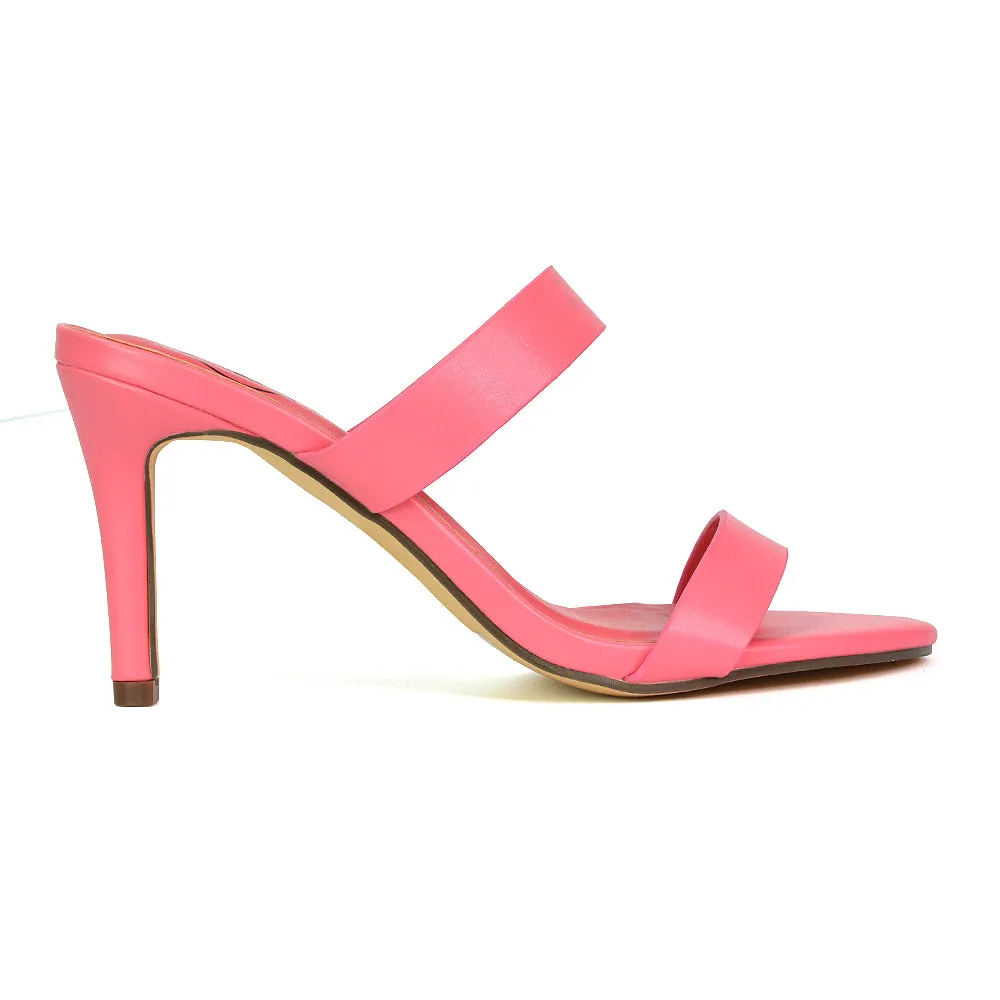 Wolf Round Toe Double Strap Stiletto High Heel Mule Sandals in White