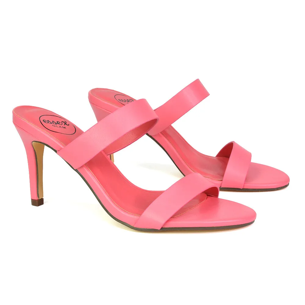 Wolf Round Toe Double Strap Stiletto High Heel Mule Sandals in White