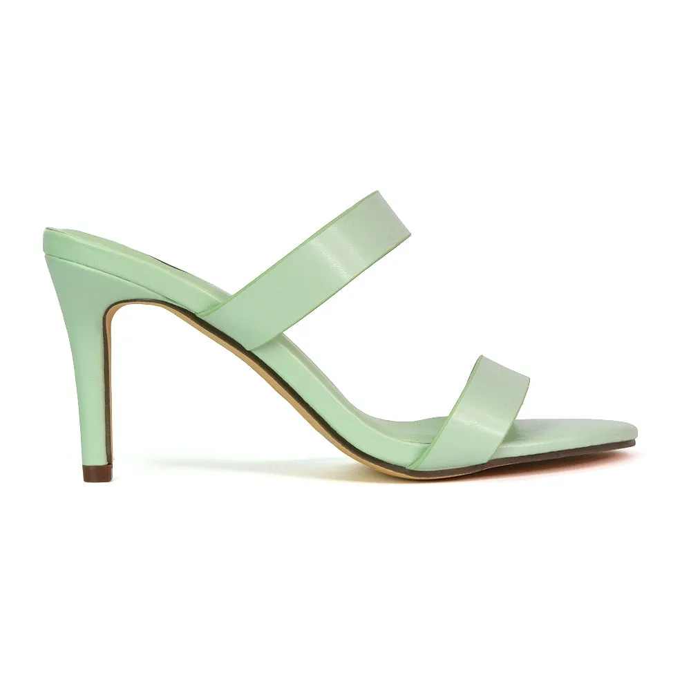 Wolf Round Toe Double Strap Stiletto High Heel Mule Sandals in White