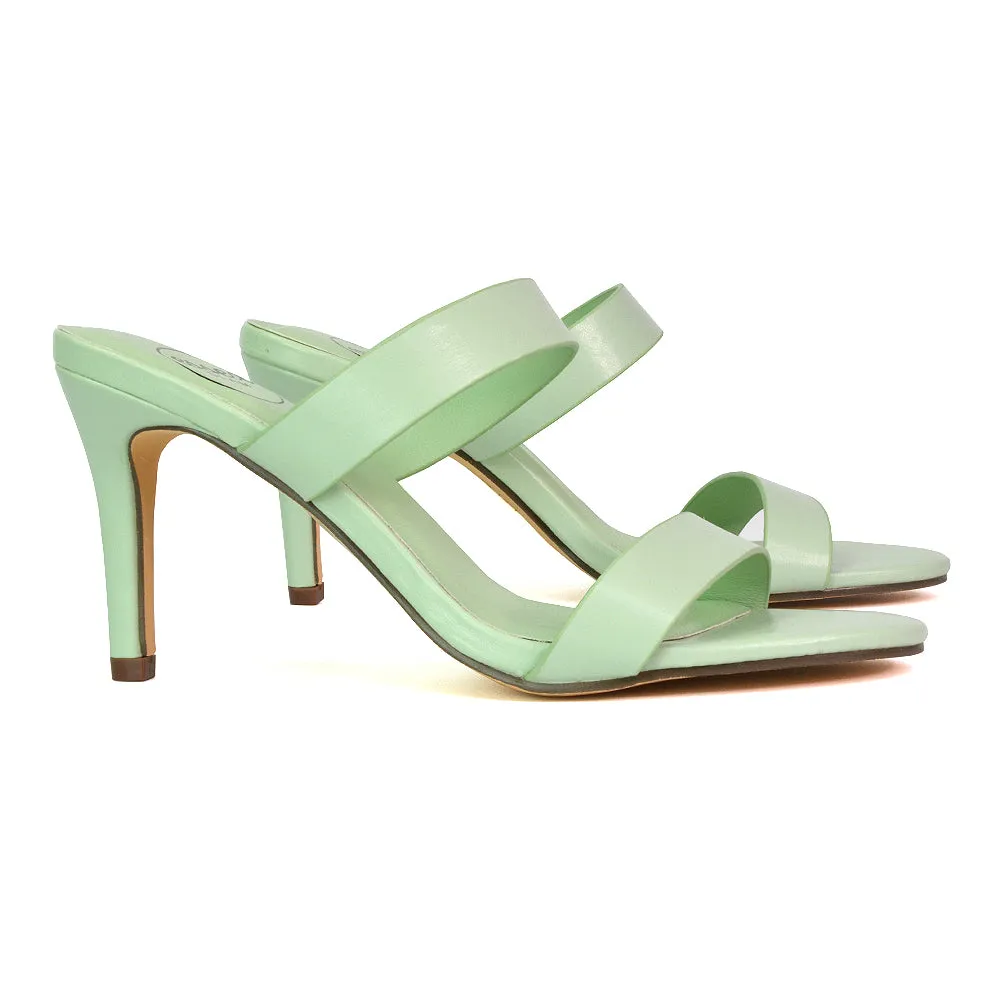 Wolf Round Toe Double Strap Stiletto High Heel Mule Sandals in White