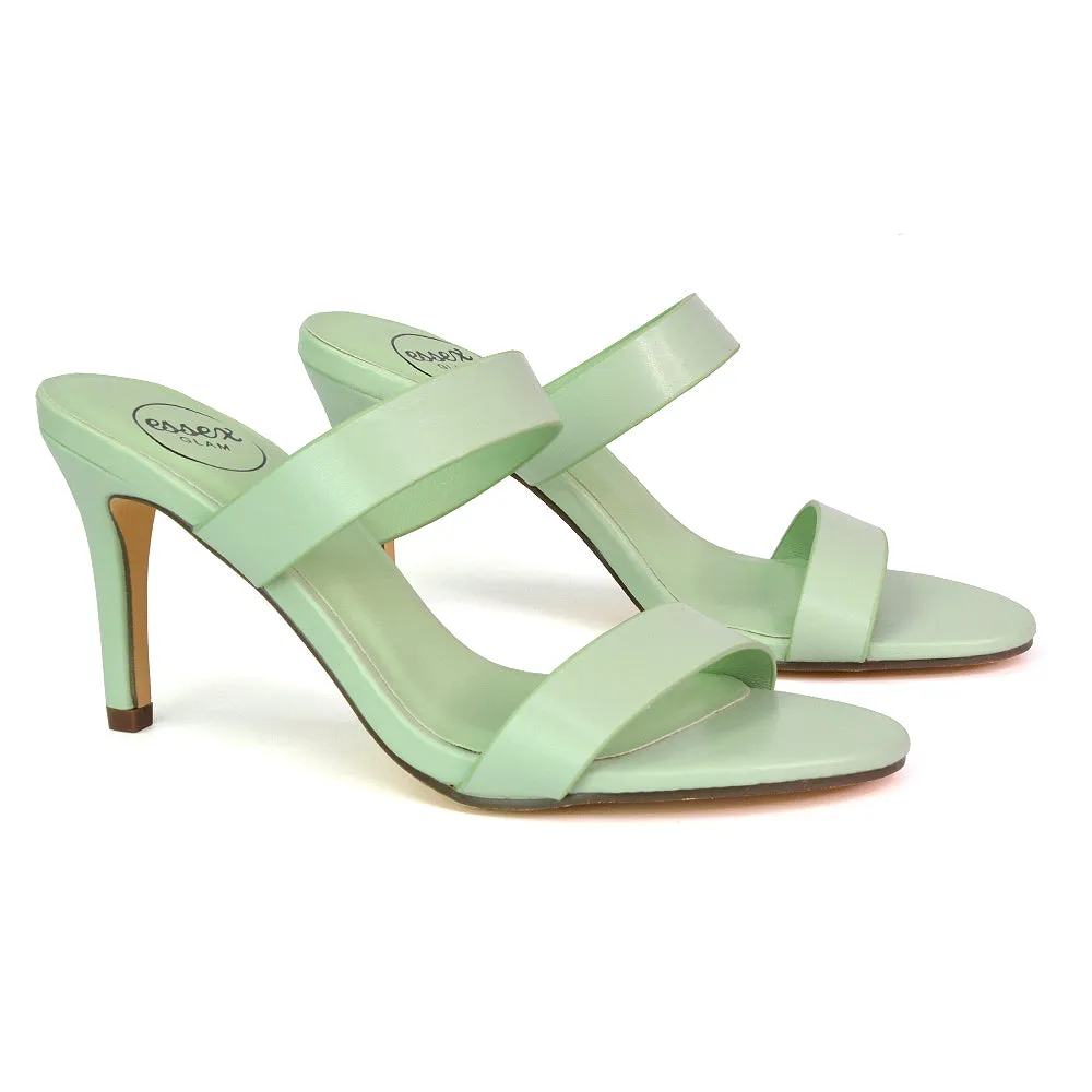 Wolf Round Toe Double Strap Stiletto High Heel Mule Sandals in White