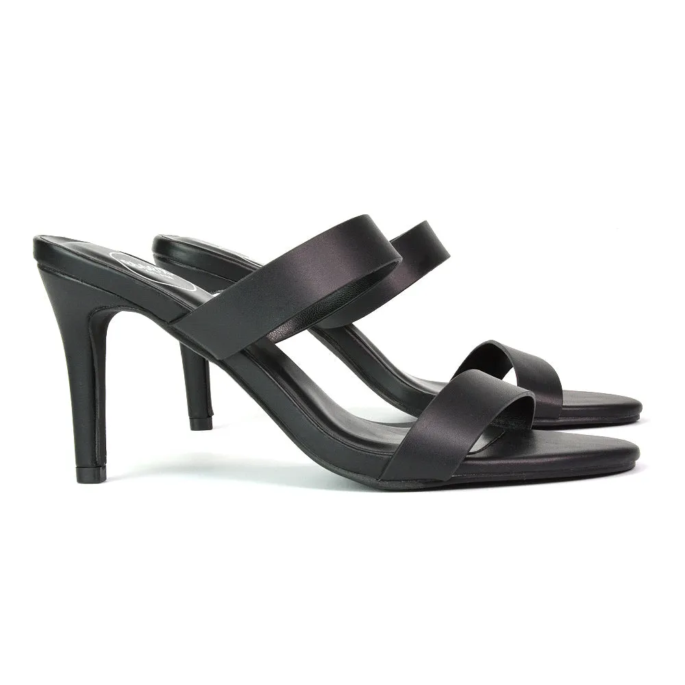 Wolf Round Toe Double Strap Stiletto High Heel Mule Sandals in White