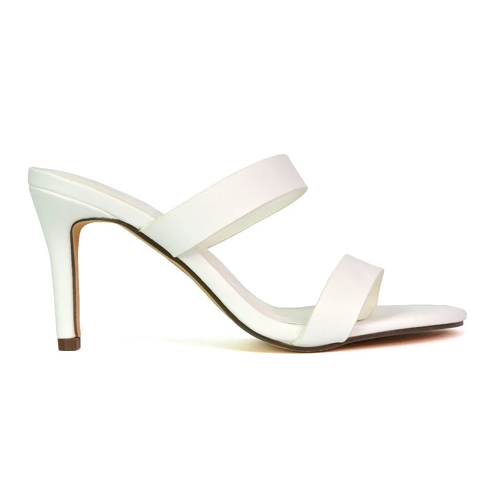 Wolf Round Toe Double Strap Stiletto High Heel Mule Sandals in White