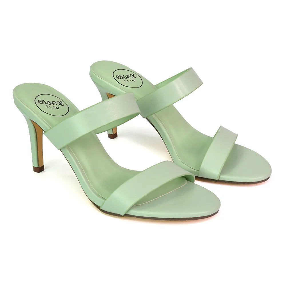 Wolf Round Toe Double Strap Stiletto High Heel Mule Sandals in White