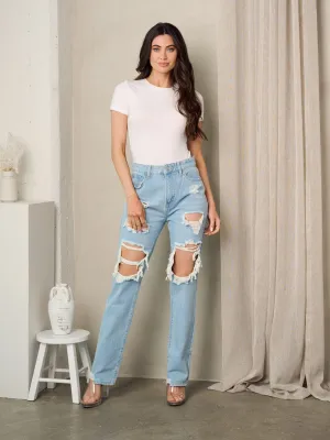 WOMEN'S BUTTON CLOSURE DISTRESSED DENIM JEANS PANTS